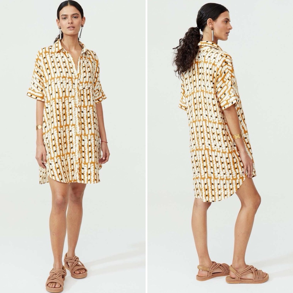 LANHTROPY‎ Alba Linen Shirt Dress In Savannah Classic Button Front Size L/XL